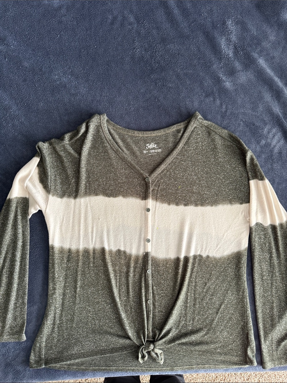 Justice Junior Size Tie-Front Striped Button Cardigan in Olive and Cream